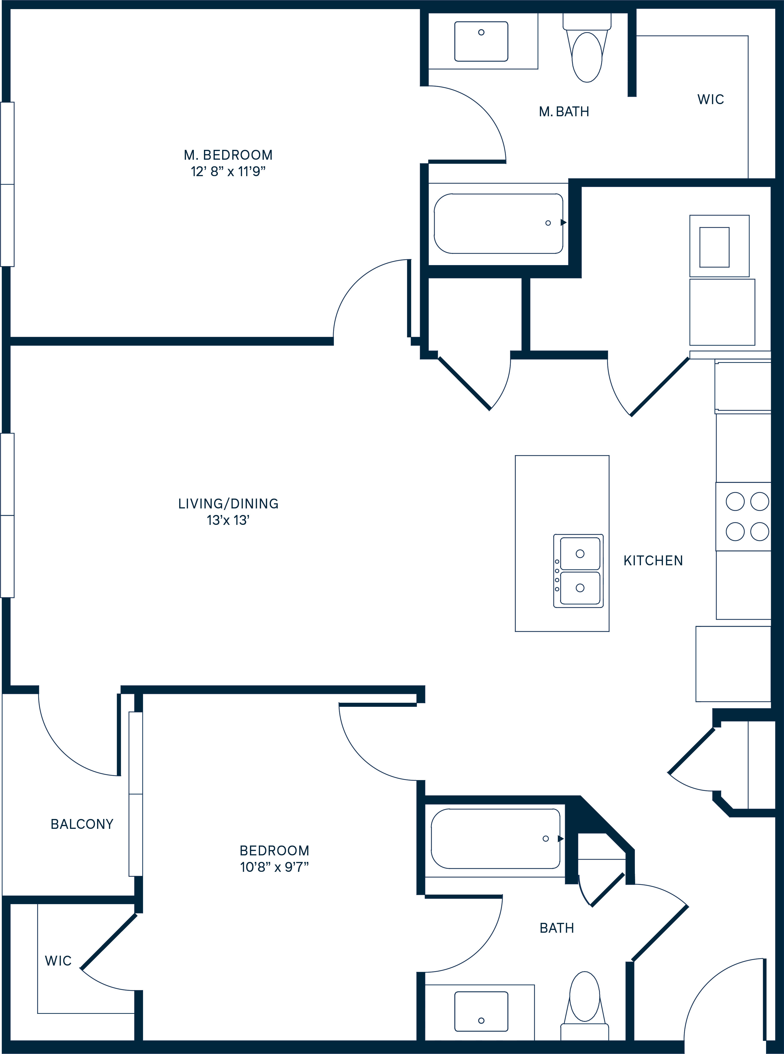 Floor plan for 2 beds, 2 baths, 1043 sqft